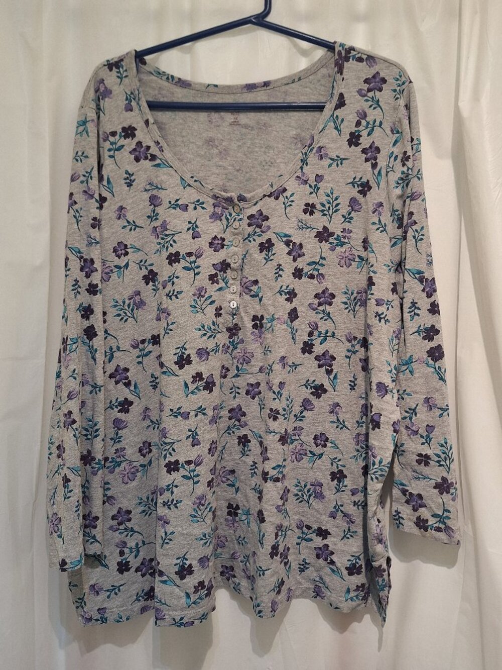 3X - 30-32 Long Sleeved Henley Gray & Floral Tee PLUS SIZE Woman Within